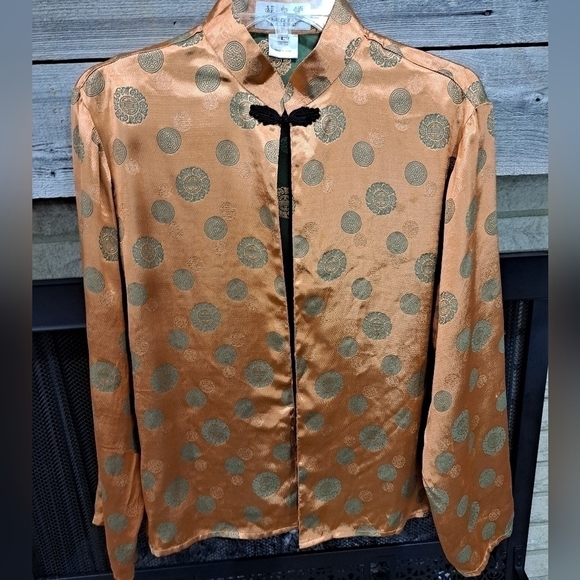 Vtg Silk Large Orange Metalic Green Medallion Open Front Jacket Kimono Asian - Picture 1 of 10